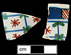 Chinese or common shape cup with painted star and grid pattern in blue, red and green (left) - this vessel may have been made in Bristol in the early 18th century in a fashion known as Bristol blue-red-green. Whole mug with similar pattern-from private collection on right.